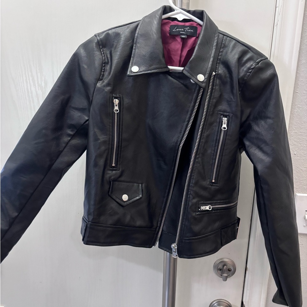 Black Leather Jacket with Zipper Details